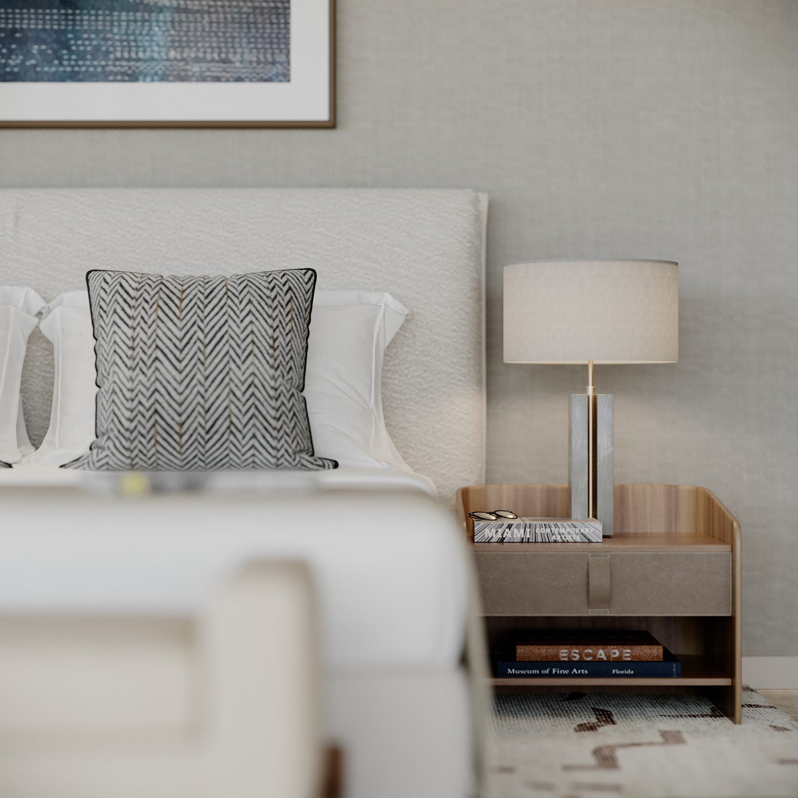 The Perigon, A bedroom furnishing detail, developer rendering