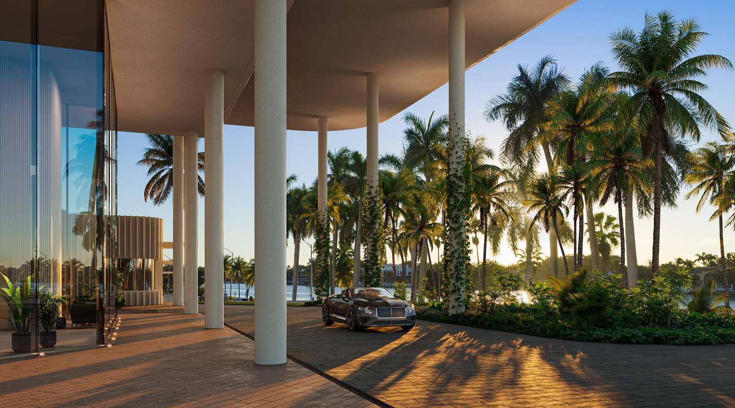 The Perigon, The covered entry drive and landscaped arrival, developer rendering