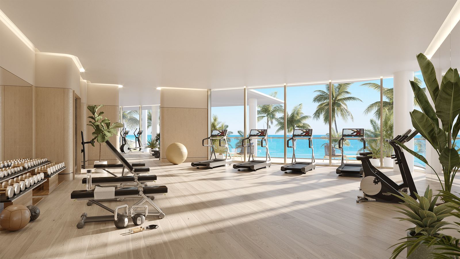 The Perigon, The fitness room looking toward the pool and ocean, developer rendering