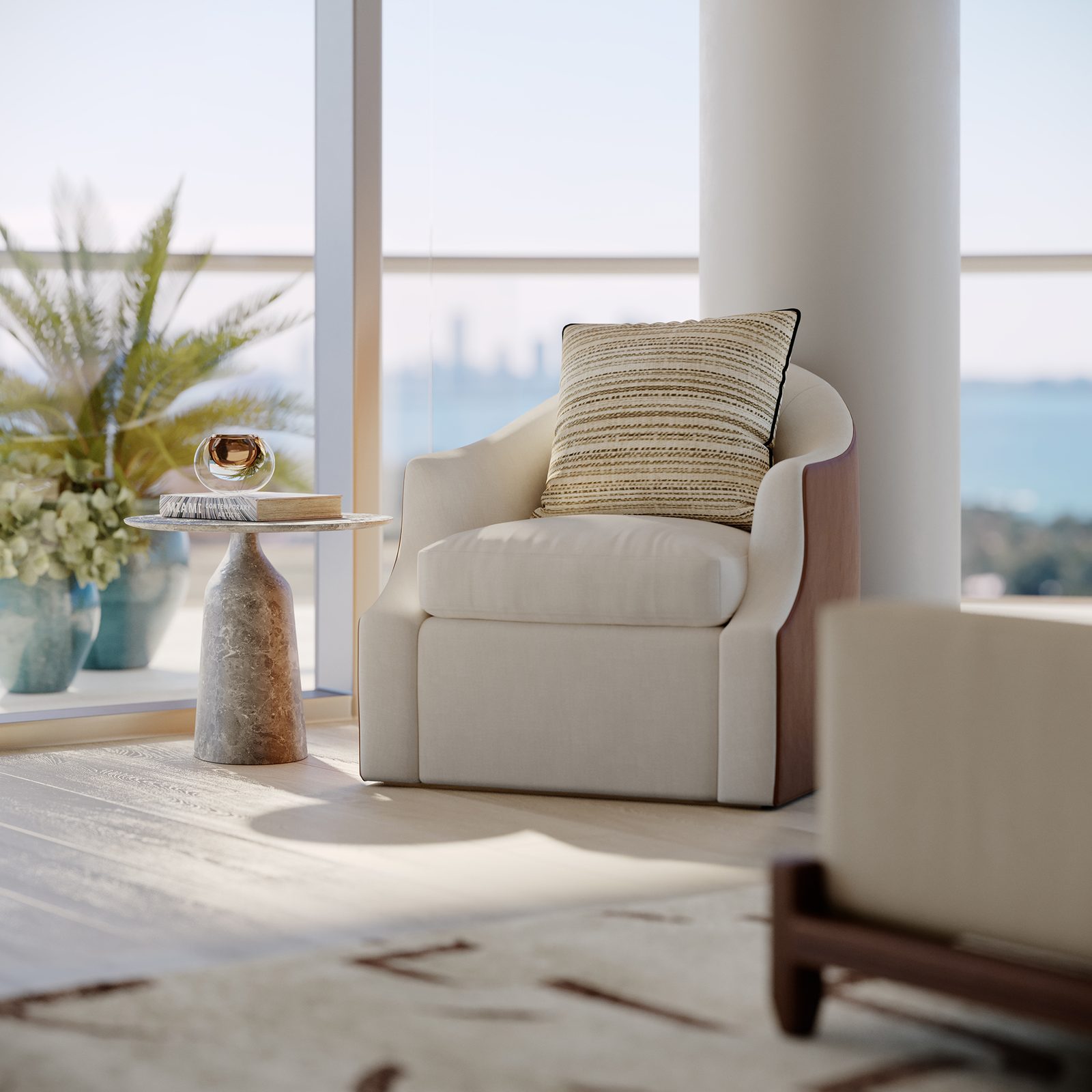 The Perigon, A chair and side table beside the residence glazing, developer rendering