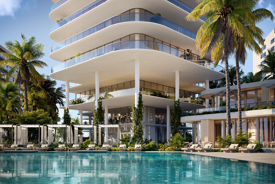The Perigon, The poolside restaurant terrace beneath the building, developer rendering