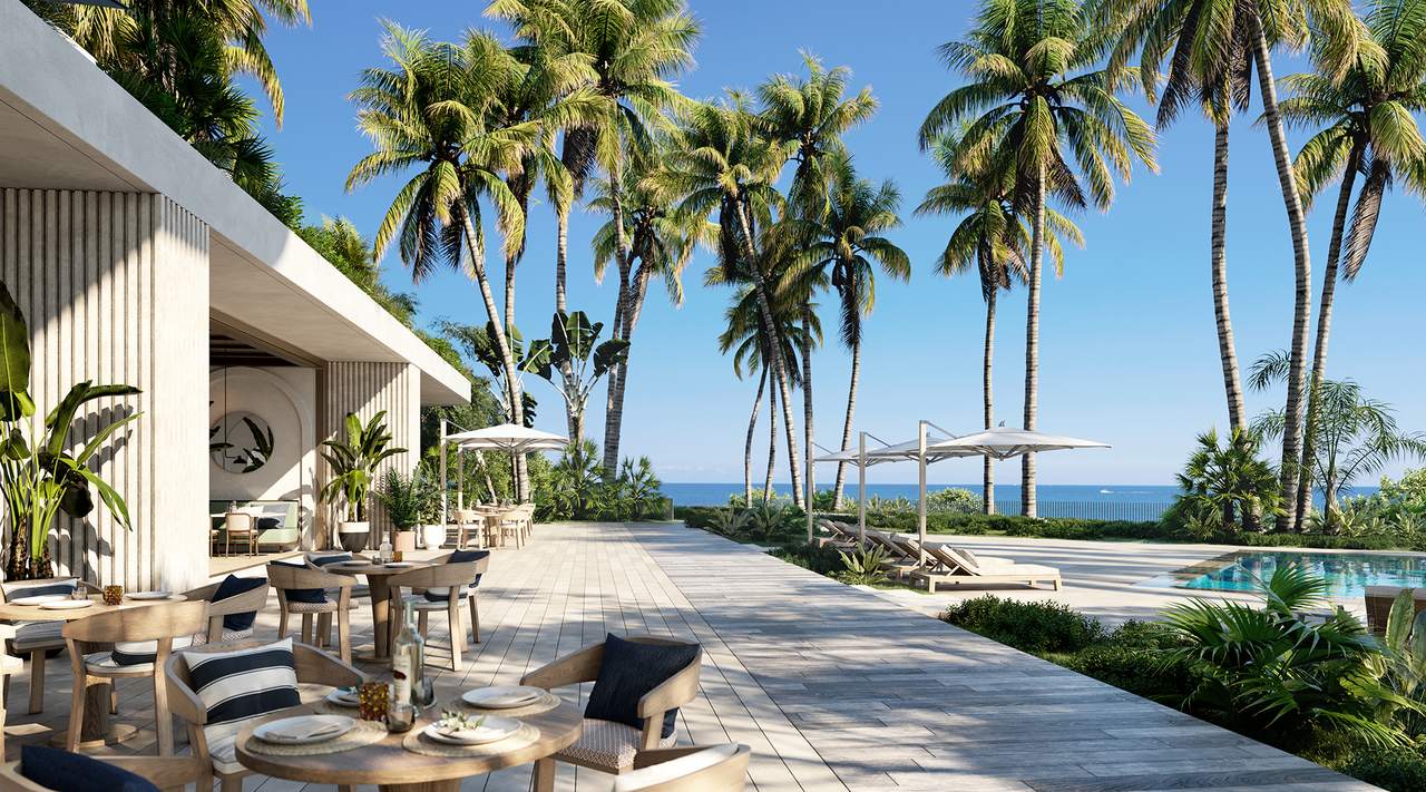 The Perigon, Outdoor restaurant seating beside the pool, developer rendering