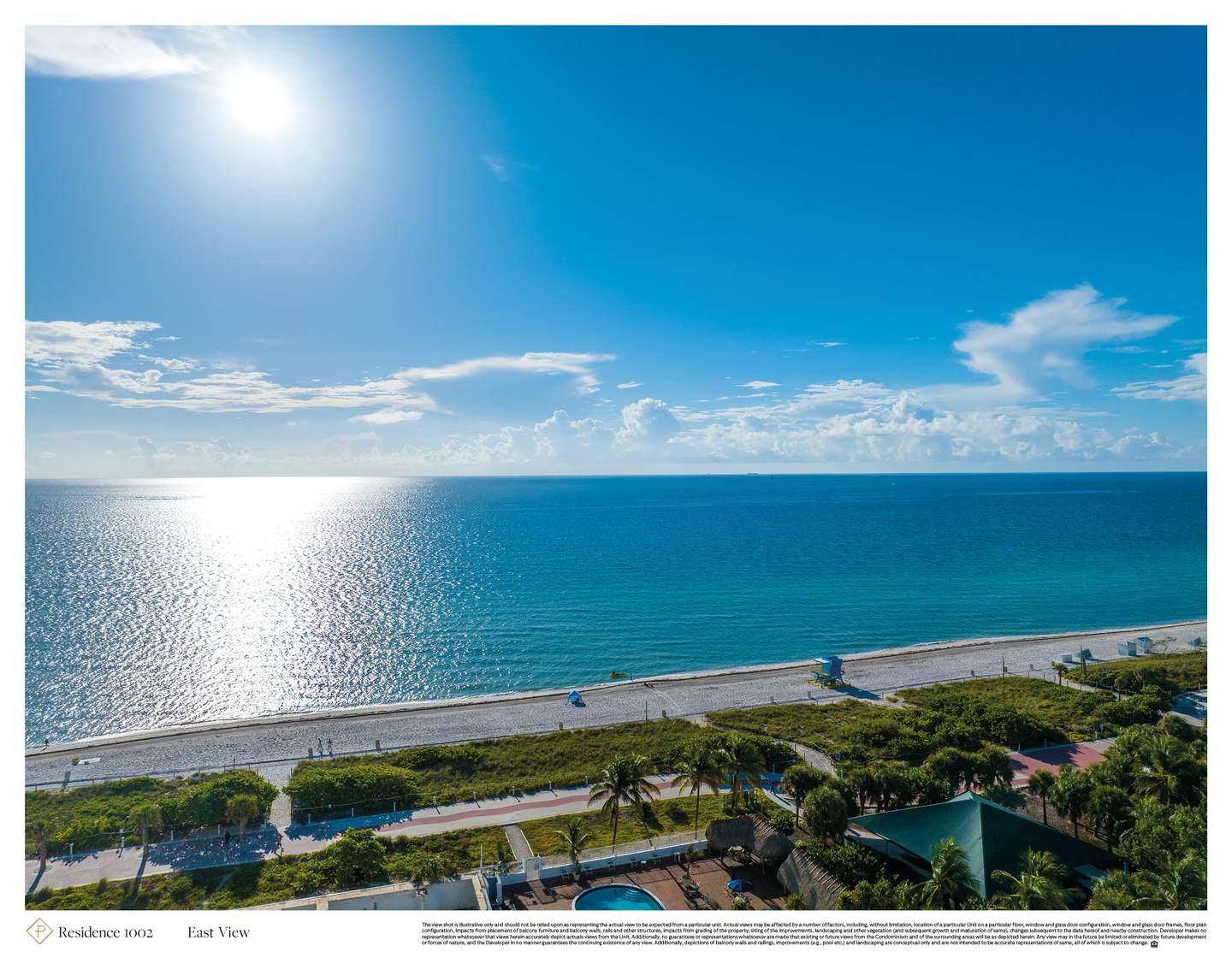 The Perigon, Ocean, beach and nearby pool in the developer view sample labeled 1002, illustrative