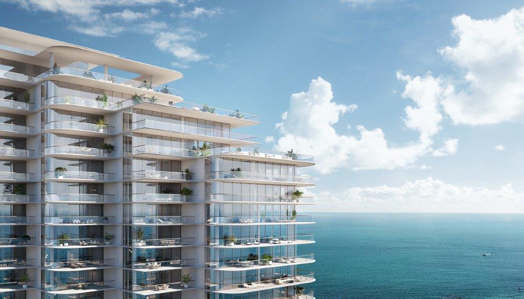 The Perigon, Upper terraces and the ocean-facing elevation, developer rendering